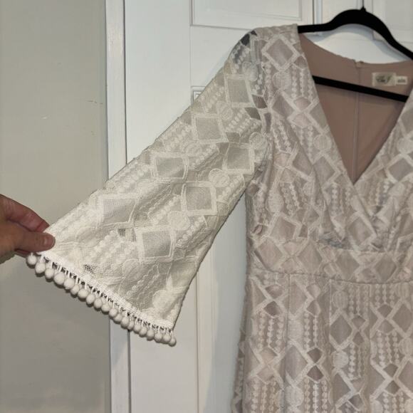 Eliza J Ivory Embroidered Lace Illusion Pom Pom Fit Flare Dress Size 6 - Picture 4 of 9